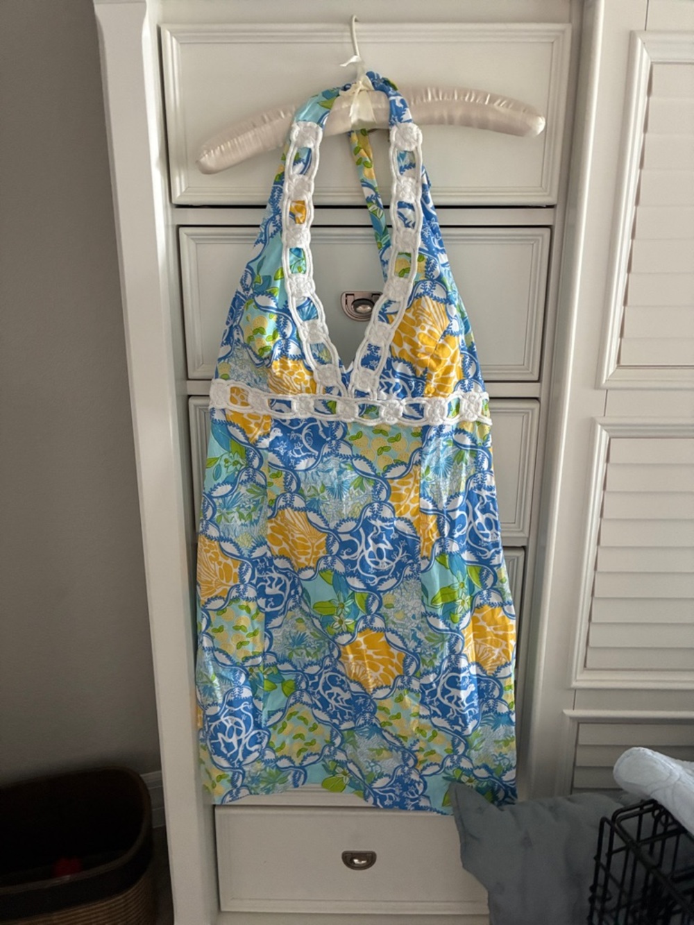 Lilly Pulitzer Blue, Yellow & Green Halter Backless Dress with White Trim